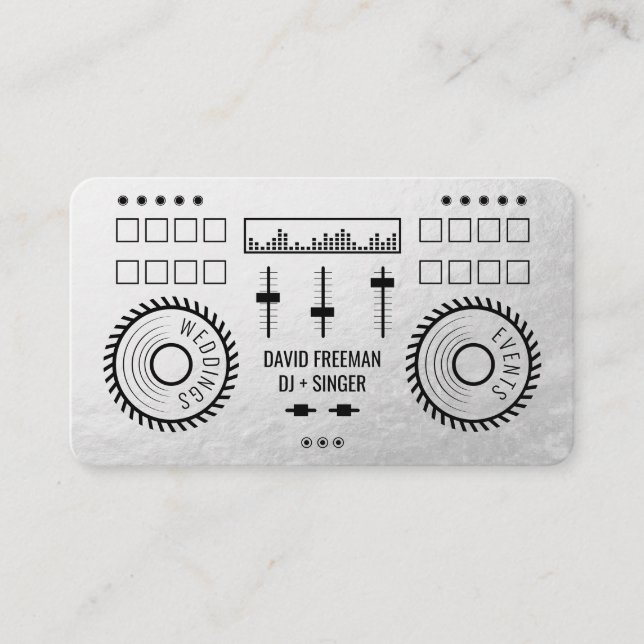 Modern luxury silver foil black dj music turntable business card (Front)