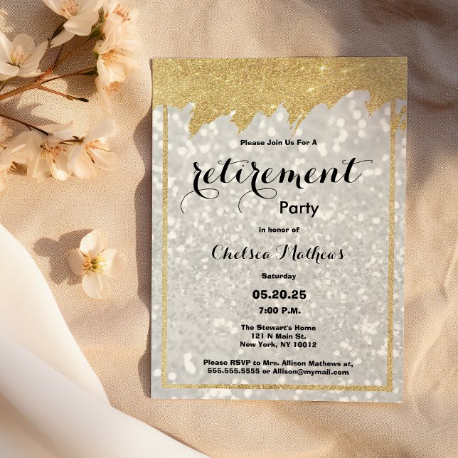 Modern luxury white gold glitter Retirement Party Invitation (Modern luxury white gold glitter Retirement Party )