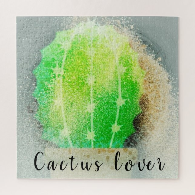 Modern Macro Watercolor Green Cactus Jigsaw Puzzle (Vertical)