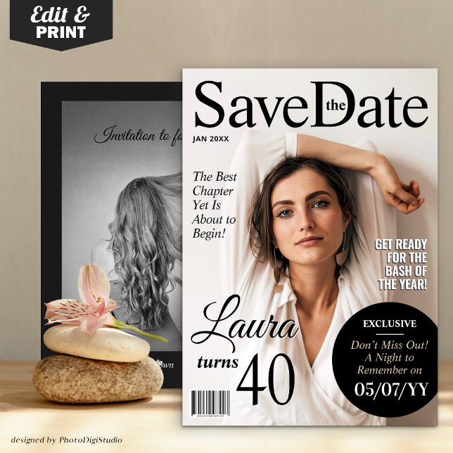 Modern Magazine Birthday Save the Date Invite (Modern Magazine Birthday Save the Date Invitation)