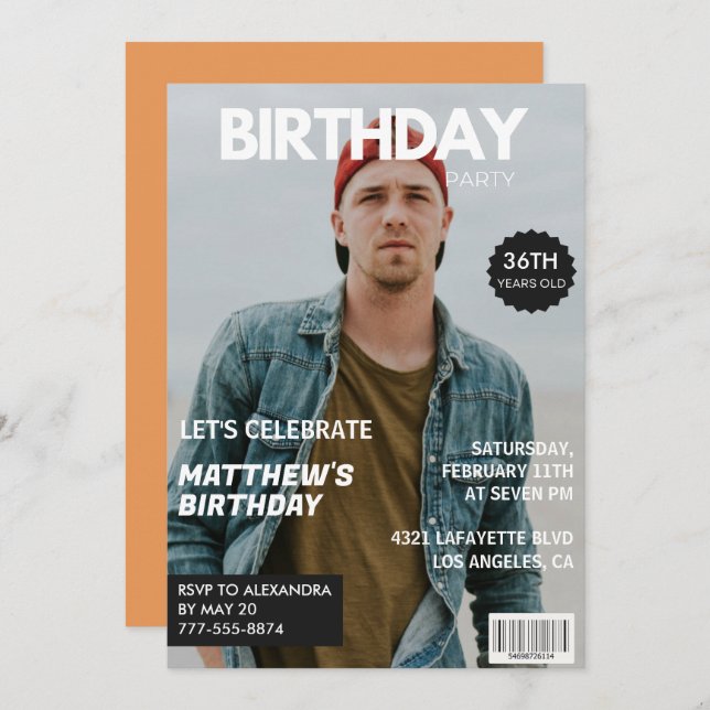 Modern Magazine Cover for him 36th birthday Invitation (Front/Back)