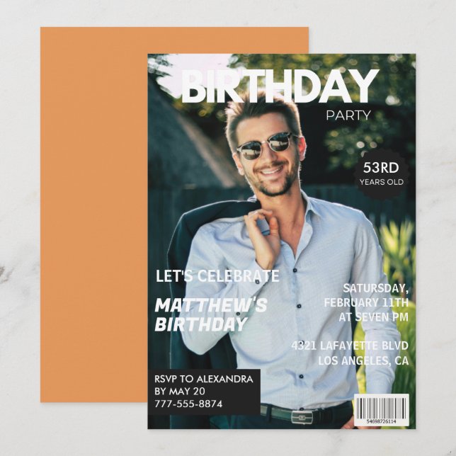Modern Magazine Cover for him 53rd birthday Invitation (Front/Back)
