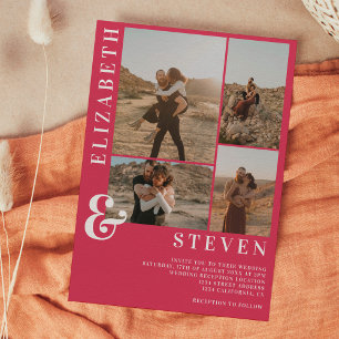 Modern magenta ampersand 5 photo grid wedding invitation