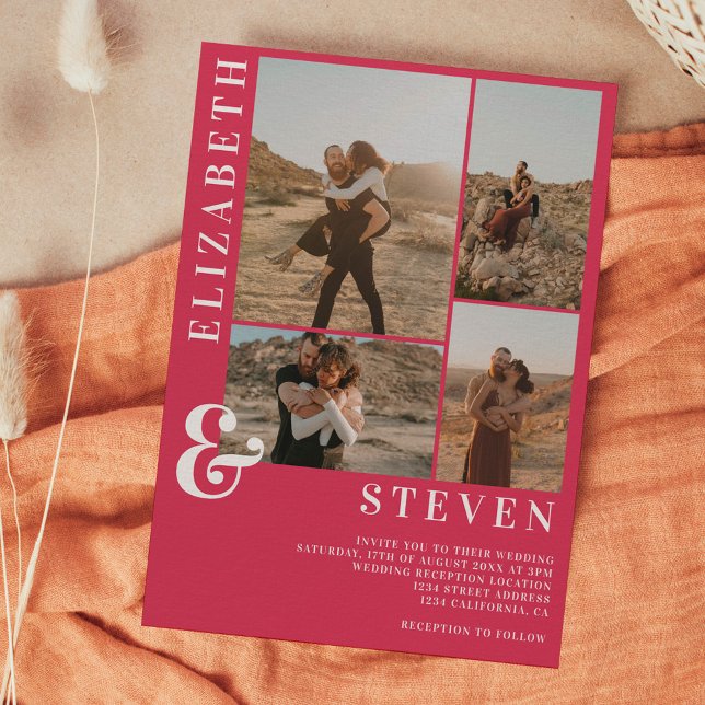 Modern magenta ampersand 5 photo grid wedding invitation (Creator Uploaded)
