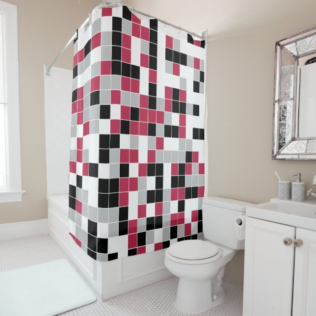 Modern Magenta Black Grey Geometric Shower Curtain (In Situ)