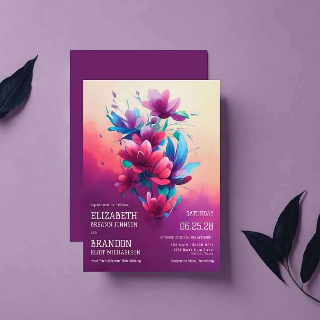 Modern Magenta Blue Artsy Flowers Leaves Wedding Invitation (Creator Uploaded)