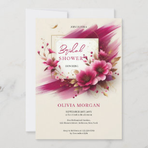 Modern magenta flowers gold frame Bridal Invitation
