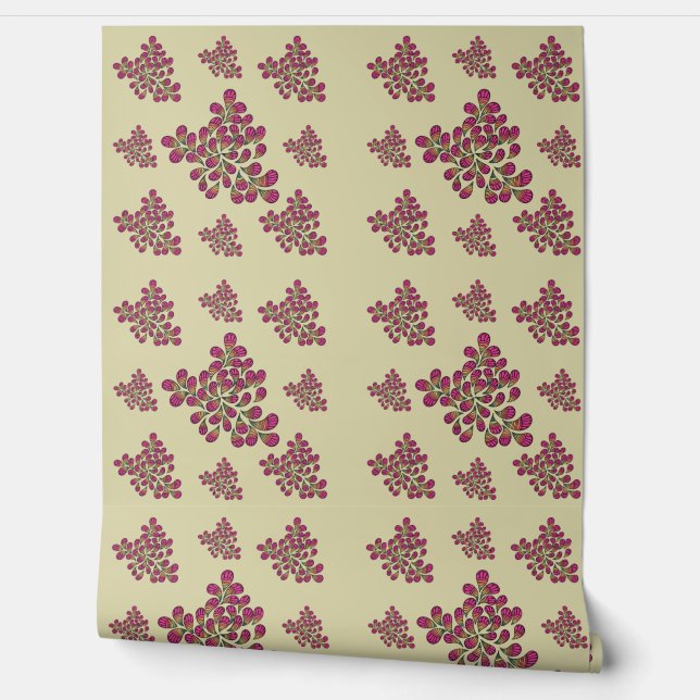 Modern Magenta & Green Botanical Leaf Wallpaper – (Unrolling)