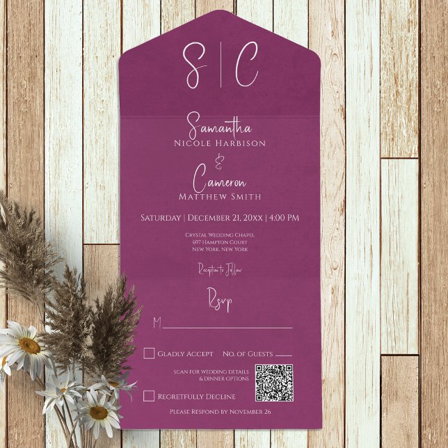 Modern Magenta Minimal Monogram QR Code All In One Invitation (Creator Uploaded)