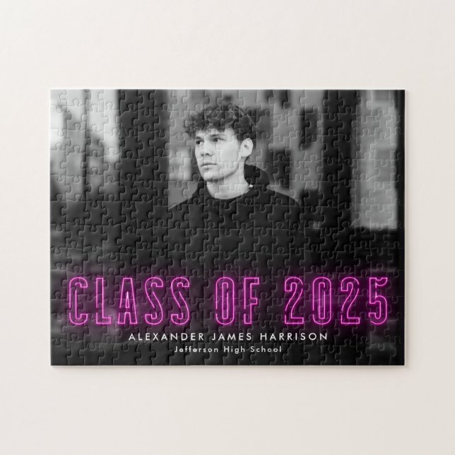 Modern Magenta Neon Class of 2025 Graduation Photo Jigsaw Puzzle (Horizontal)