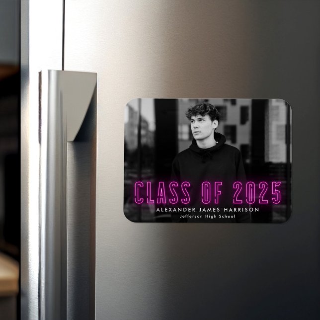 Modern Magenta Neon Class of 2025 Photo Graduation Magnet (Creator Uploaded)