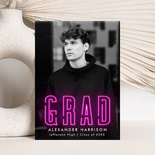 Modern Magenta Neon Vertical Photo Graduation Announcement