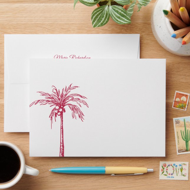 Modern Magenta Palm Tree Beach Wedding Envelope (Desk)