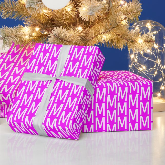 Modern magenta pink custom monogram initial wrapping paper (Holidays)