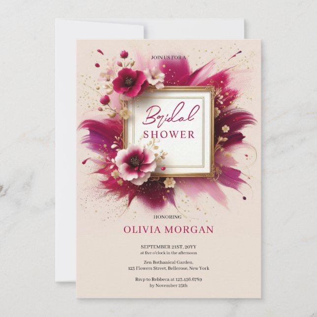 Modern magenta pink flowers gold frame Bridal Invitation (Front)