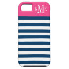 Modern Magenta Pink Navy Stripes Custom Monogram