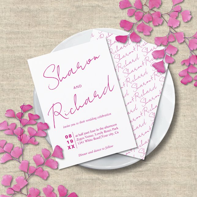 Modern magenta pink script calligraphy wedding invitation (Creator Uploaded)