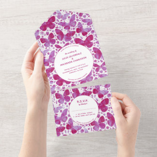 Modern Magenta Pink Watercolor Butterfly Painting All In One Invitation
