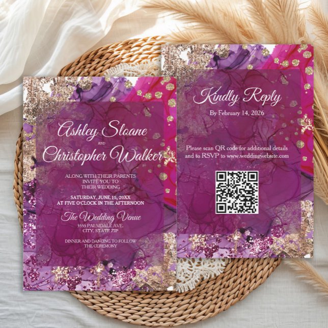 Modern Magenta Plum Gold QR code Wedding Invitation (Elegant and modern magenta, purple and gold glittery wedding invitation with QR code)