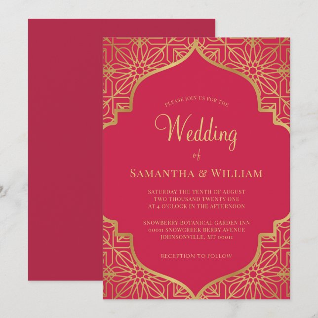 Modern Magenta Red Gold Wedding Invitation (Front/Back)