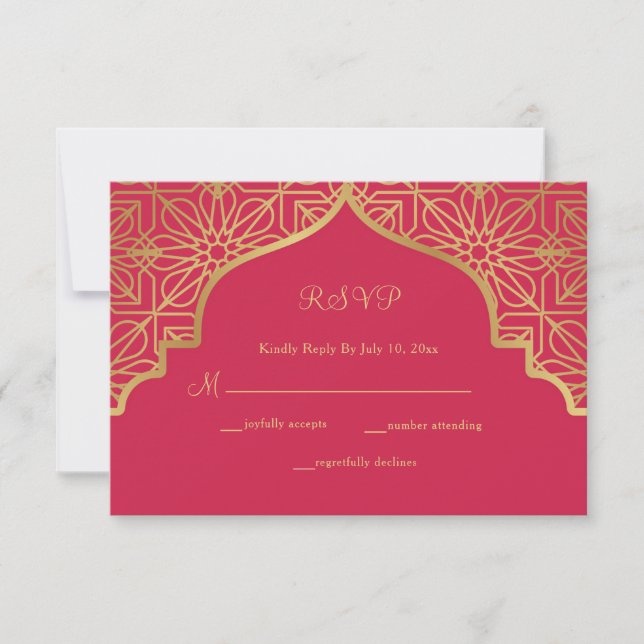 Modern Magenta Red Gold Wedding RSVP Card (Front)