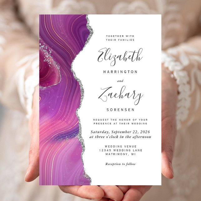 Modern Magenta Silver Agate Wedding Invitation (Creator Uploaded)