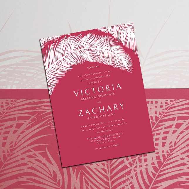 Modern Magenta White Summer Palm Leaves Wedding Invitation (Creator Uploaded)