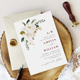 modern magnolia burgundy wedding invitation