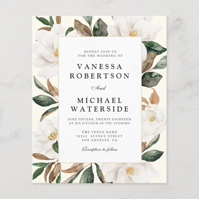 modern magnolia floral frame wedding invitation (Front)