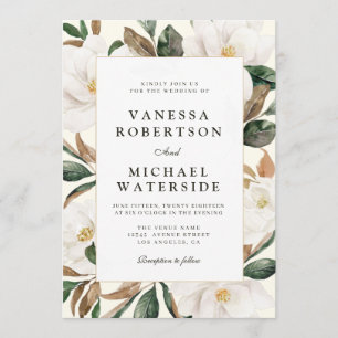 modern magnolia floral wedding invitation