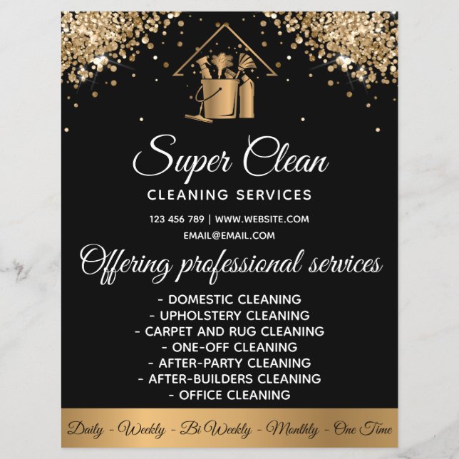 Modern Maid Cleaning House Sparkling Gold Glitter Flyer (Front)