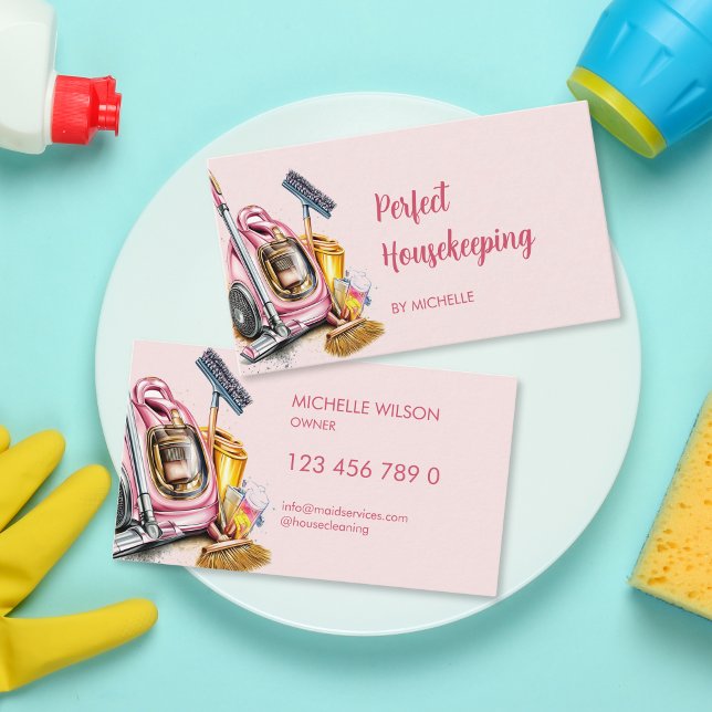 Modern Maid Cleaning Housekeeping Services Business Card (maid services logo with pink watercolor vacuum cleaner and broom)