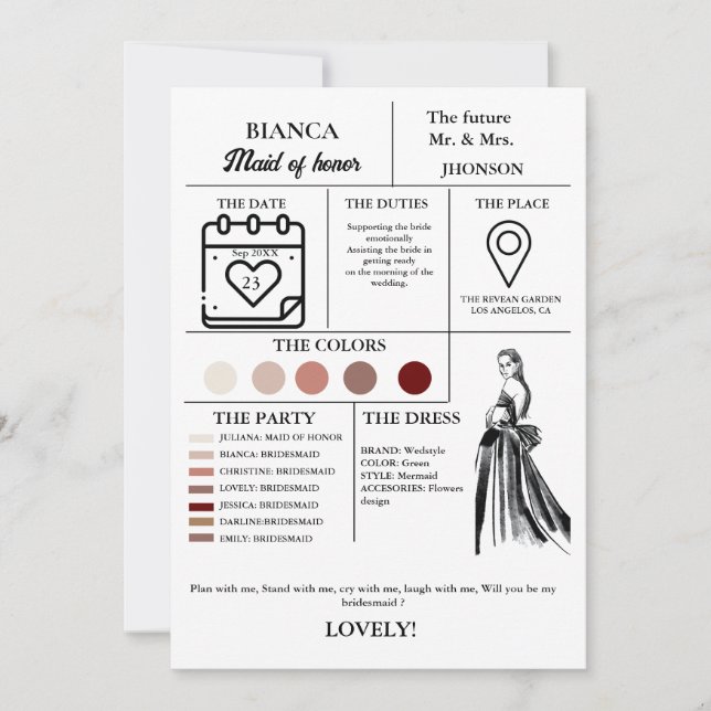 Modern Maid of honour info card bridal party  card (Front)