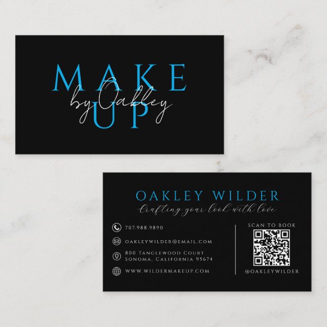 Modern Makeup Artist Black Blue QR Code  Business Card (Front/Back)