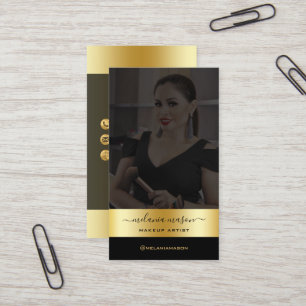 Modern Makeup Artist Black Gold Custom Photo Busi Business Card