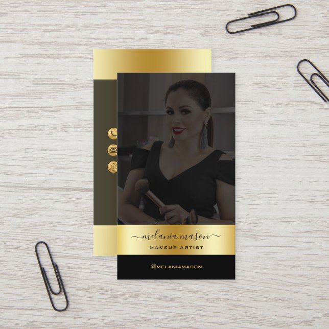 Modern Makeup Artist Black Gold Custom Photo  Busi Business Card (Front/Back In Situ)