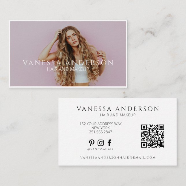 Modern Makeup Artist Hair Stylist QR Code Photo Business Card (Front/Back)