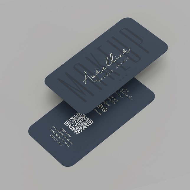 Modern Makeup Artist Monogram Dark Blue Script QR Business Card (Modern Makeup Artist Monogram Dark Blue Script Professional Marketing QR Business Card
)
