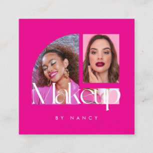 Modern Makeup Artist Photo Collage Hot Pink  Square Business Card