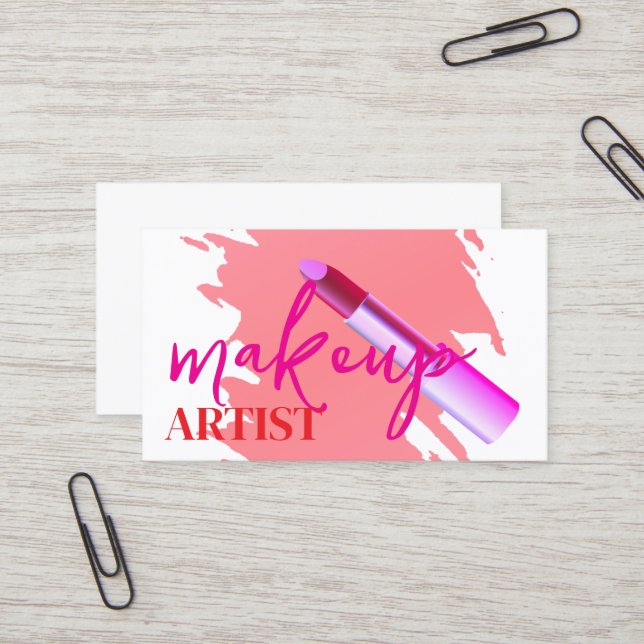 Modern Makeup Artist Pink Lipstick and Gold Business Card (Front/Back In Situ)