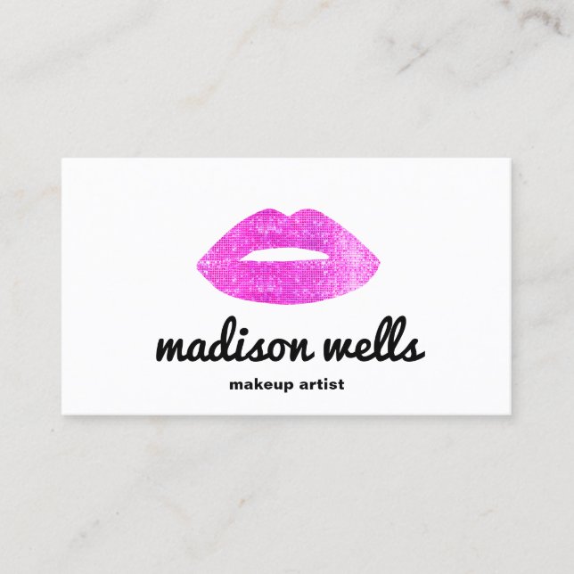 Modern Makeup Artist Pink Sequin Lips Business Card (Front)