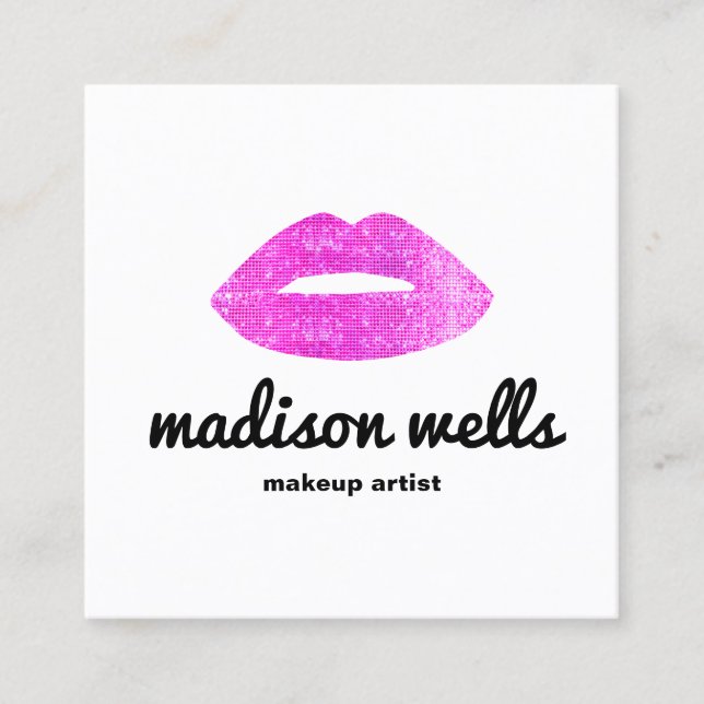 Modern Makeup Artist Pink Sequin Lips Square Square Business Card (Front)