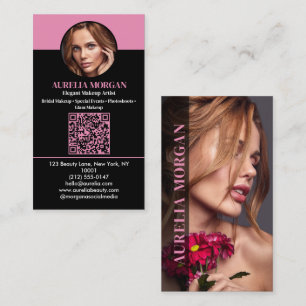 Modern Makeup Artist Qr Code Photo Black Pink Business Card