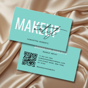 Modern makeup artist QR Code teal Business Card