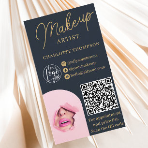 Modern makeup gold blue logo Qr code 2 photos Business Card