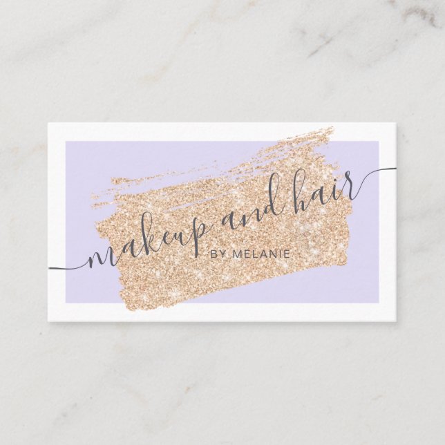Modern makeup hair gold glitter lavender frame business card (Front)