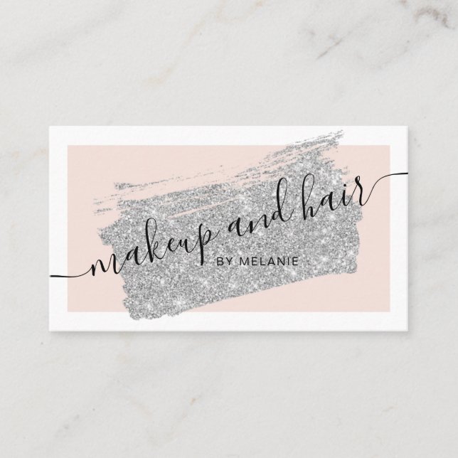 Modern makeup hair silver glitter brush pink frame business card (Front)