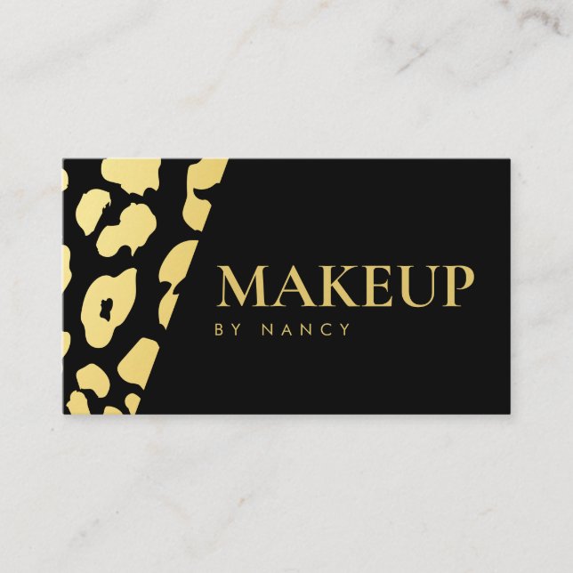 Modern Makeup  Leopard Print Black and Gold Business Card (Front)