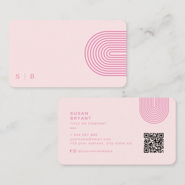 Modern Makeup Pink Initials QR Code Social Media Business Card (Front/Back)