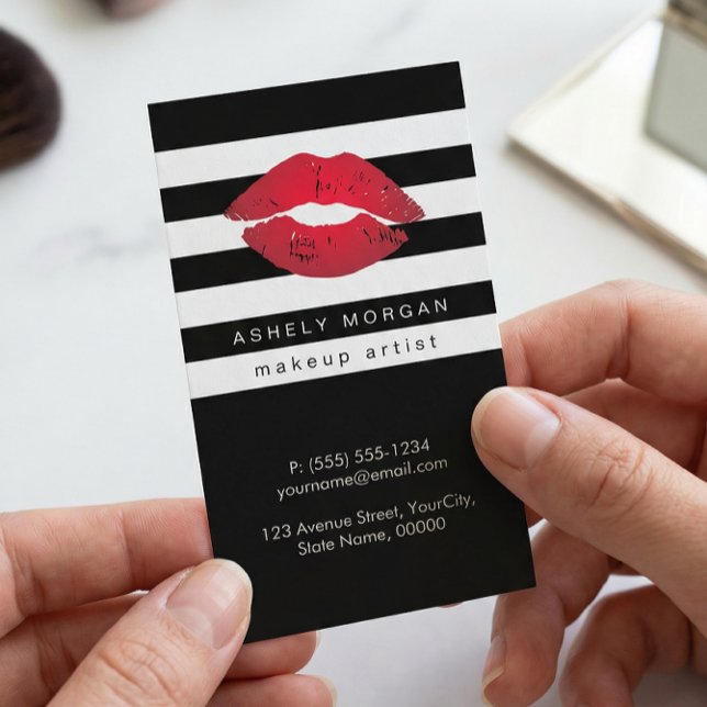 Modern Makeup Red Lips - Chic Black White Stripes Business Card (Creator Uploaded)